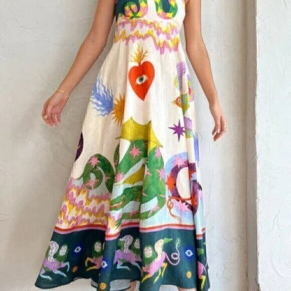 Bohemian A line Unique Print Smocked Back Midi Beach Dress XL - Picture 3 of 16